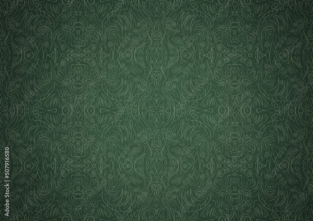 Hand-drawn unique abstract symmetrical seamless ornament. Bright green on a deep warm green with vignette of a darker background color. Paper texture. Digital artwork, A4. (pattern: p03b)