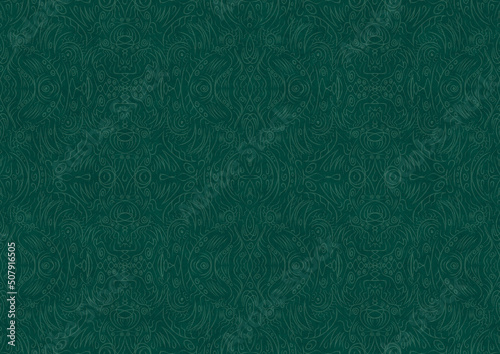 Hand-drawn unique abstract symmetrical seamless ornament. Bright semi transparent green on a deep cold green background. Paper texture. Digital artwork, A4. (pattern: p03b)