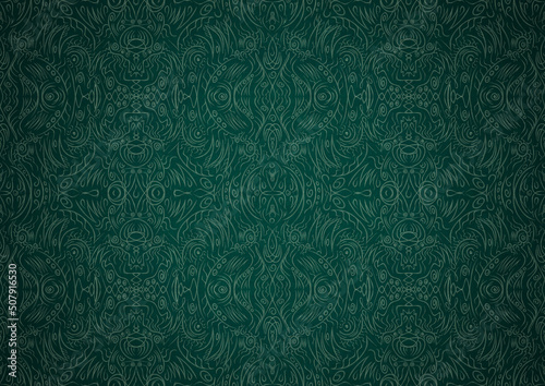 Hand-drawn unique abstract symmetrical seamless ornament. Bright green on a deep cold green with vignette of a darker background color. Paper texture. Digital artwork, A4. (pattern: p03b)