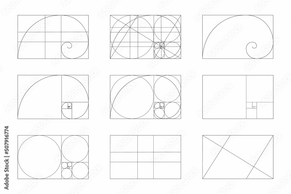 Golden ratio template set. Fibonacci sequence signs. Logarithmic spiral ...