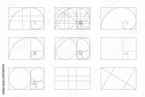 Golden ratio template set. Fibonacci sequence signs. Logarithmic spiral in rectangle frame fracted on lines, squares and circles. Ideal symmetry proportions layout. Vector graphic illustration