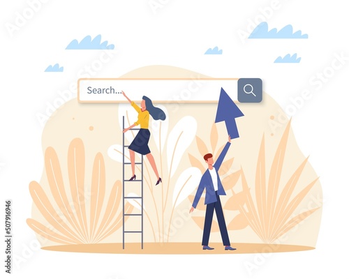 Search engine. Blank internet searching field. man holds arrow, girl on ladder, internet service, online finding information, browser page template, vector cartoon flat isolated concept