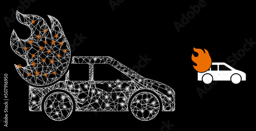 Crossing mesh burn car frame icon with lightspots. Illuminated vector model is created from burn car pictogram. Vector frame mesh burn car icon.