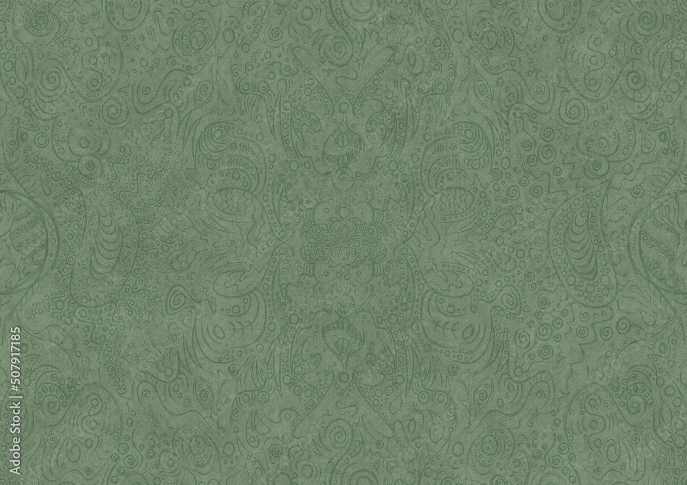 Hand-drawn unique abstract symmetrical seamless ornament. Dark semi transparent green on a light warm green background color. Paper texture. A4. (pattern: p04a) Hand-drawn unique abstract symmetrical seamless ornament. Dark semi transparent green on a light warm green background color. Paper texture. A4. (pattern: p04a)