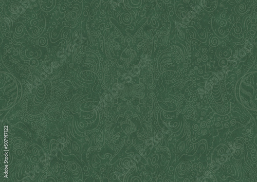 Hand-drawn unique abstract symmetrical seamless ornament. Bright semi transparent green on a deep warm green background. Paper texture. Digital artwork, A4. (pattern: p04a)