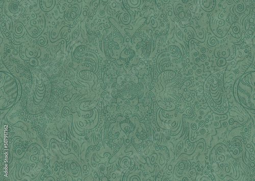 Hand-drawn unique abstract symmetrical seamless ornament. Dark semi transparent green on a light cold green background color. Paper texture. A4. (pattern: p04a)