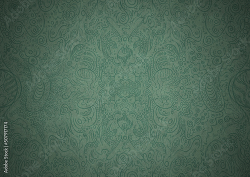 Hand-drawn unique abstract symmetrical seamless ornament. Dark semi transparent green on a light cold green with vignette of a darker background color. Paper texture. A4. (pattern: p04a)