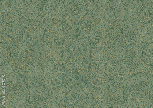 Hand-drawn unique abstract seamless ornament. Dark green on light warm green background, with splatters of golden glitter. Paper texture. Digital artwork, A4. (pattern: p04a)
