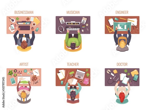 Workplaces people. Different specializations freelancers in workspaces, top view, persons with laptops, desktops and notebooks, artist and doctor, musician and engineer, vector set