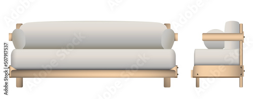 Soft white sofa. Furniture for interior. Front view and side view. Vector isolated on white.