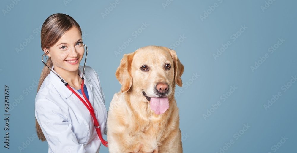 Veterinary Clinic Advertisement Concept. Happy Female Nurse In Uniform Posing With Dog