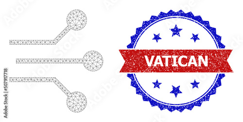Net mesh circuit links polygonal frame icon, and bicolor rubber Vatican watermark. Red stamp has Vatican tag inside ribbon and blue rosette. Vector carcass polygonal mesh circuit links icon.