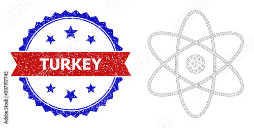 Net mesh atom polygonal model icon, and bicolor dirty Turkey stamp. Red seal has Turkey tag inside ribbon and blue rosette. Vector carcass polygonal net atom icon. Flat model created from atom icon.