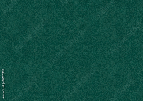 Hand-drawn unique abstract symmetrical seamless ornament. Bright semi transparent green on a deep cold green background. Paper texture. Digital artwork, A4. (pattern: p04b)