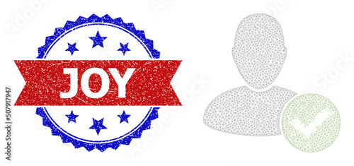 Mesh net approve user polygonal carcass icon, and bicolor dirty Joy stamp. Red stamp seal includes Joy title inside ribbon and blue rosette. Vector frame polygonal mesh approve user icon.