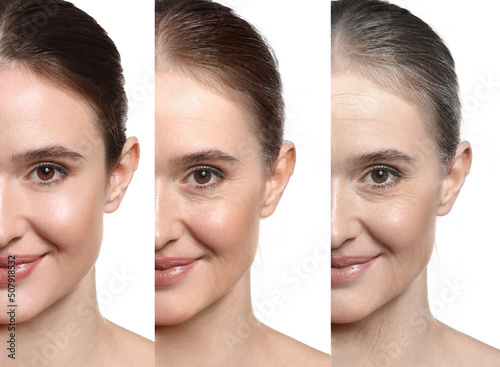 Foto Portraits of woman at different stages of aging on white background