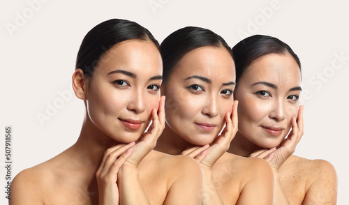 Tableau sur toile Portraits of Asian woman at different stages of aging on light background
