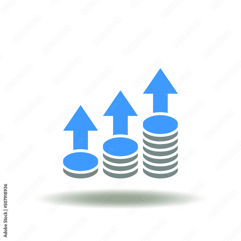 Vector illustration of coins pile with up arrows. Icon of capital growth. Symbol of savings and profit is growing. Vector illustration of coins pile with up arrows. Icon of capital growth. Symbol of savings and profit is growing.
