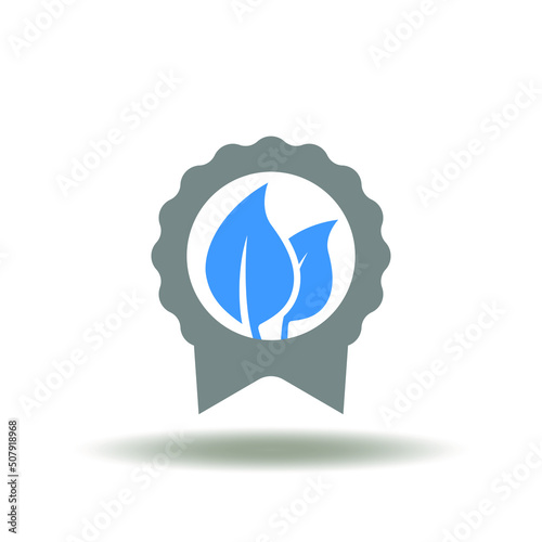 Vector illustration of seal or stamp with foliage or sprout. Icon of ecology standard. Symbol of green ISO certificate.