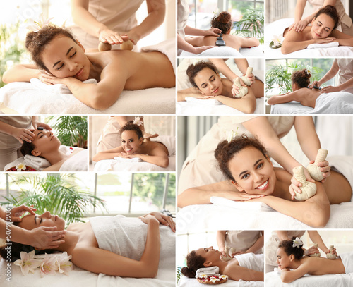 Collage with beautiful young African-American woman having massage in spa salon