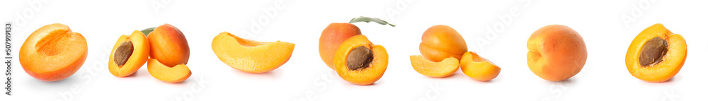 Set of sweet tasty apricots isolated on white