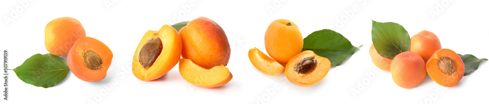 Set of sweet tasty apricots isolated on white Set of sweet tasty apricots isolated on white