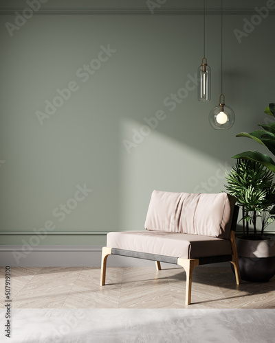 Green interior with pink lounge chair, pending light and a vase with plant, 3d rendering photo