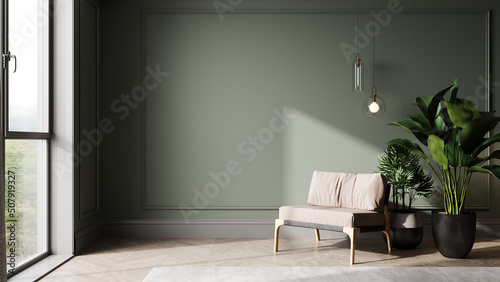 Room with green wall and wooden floor with pink modern armchair. Bright room interior mockup. Empty room for mockup. 3d rendering.