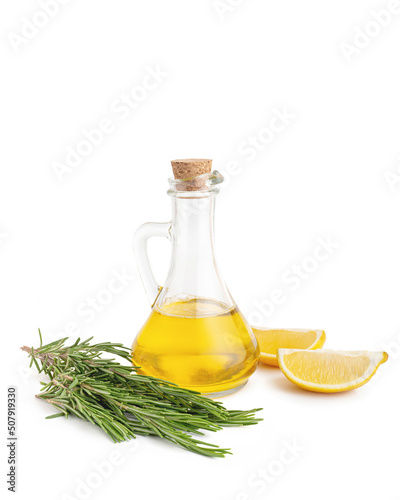 oil with rosemary and lemon on a white background