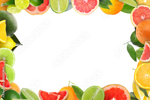 Fototapeta Naklejka Na Ścianę i Meble -  Frame made of many fresh citrus fruits on white background with space for text