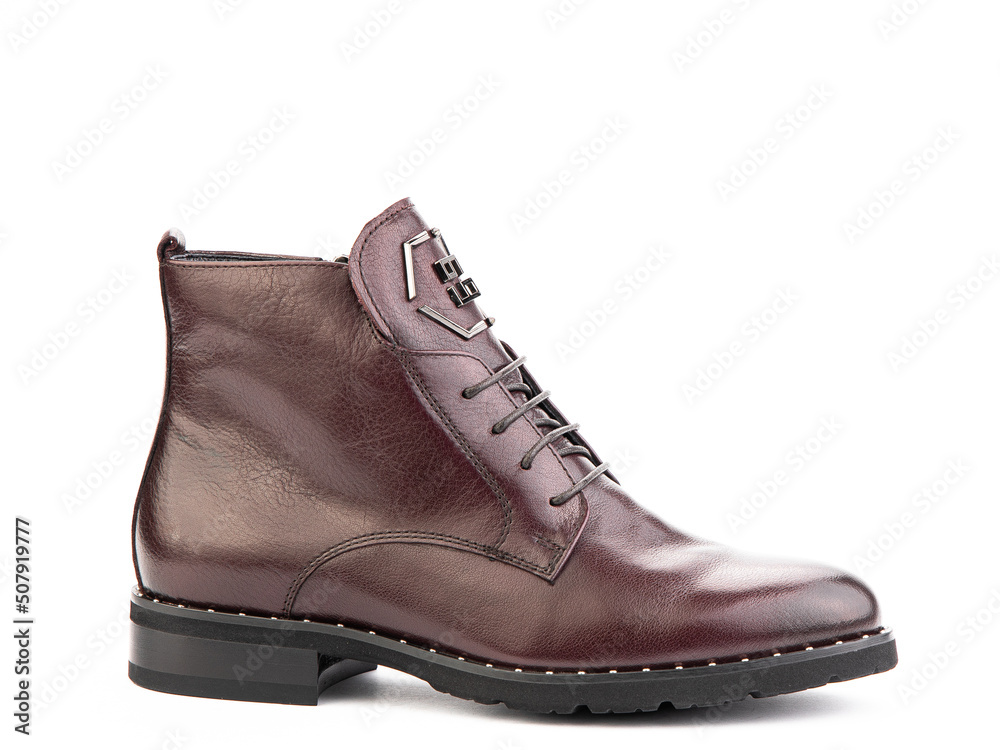 Men's autumn brown leather jodhpur boots with laces and average heels, isolated white background. Right side view. Fashion shoes.