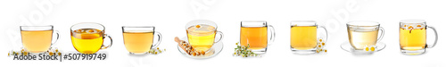 Fotografiet Set of healthy chamomile tea isolated on white