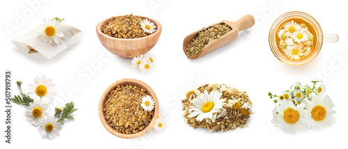 Set of healthy dry chamomile flowers and tea isolated on white photo