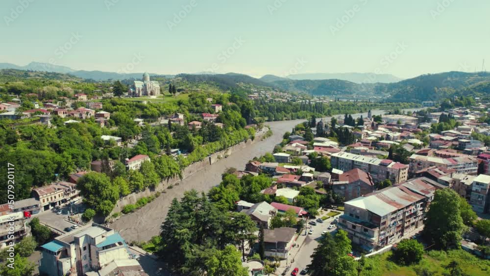 scenic drone shot of river Rioni and Bagrati Cathedral in Kutaisi, Georgia, Europe. High quality 4k footage scenic drone shot of river Rioni and Bagrati Cathedral in Kutaisi, Georgia, Europe. High quality 4k footage