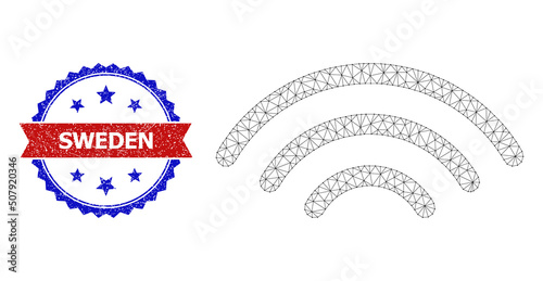 Mesh net broadcasting source polygonal model icon, and bicolor unclean Sweden seal. Red seal contains Sweden caption inside ribbon and blue rosette.