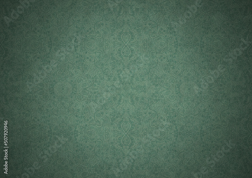 Hand-drawn unique abstract symmetrical seamless ornament. Dark semi transparent green on a light cold green with vignette of a darker background color. Paper texture. A4. (pattern: p06b)