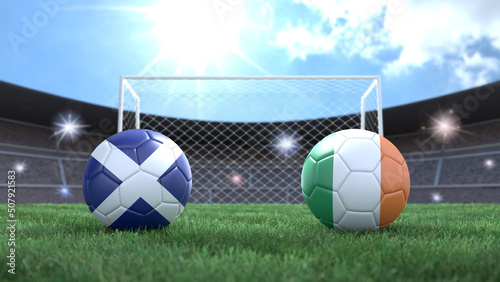 Two soccer balls in flags colors on stadium blurred background. Scotland and Ireland. 3d image