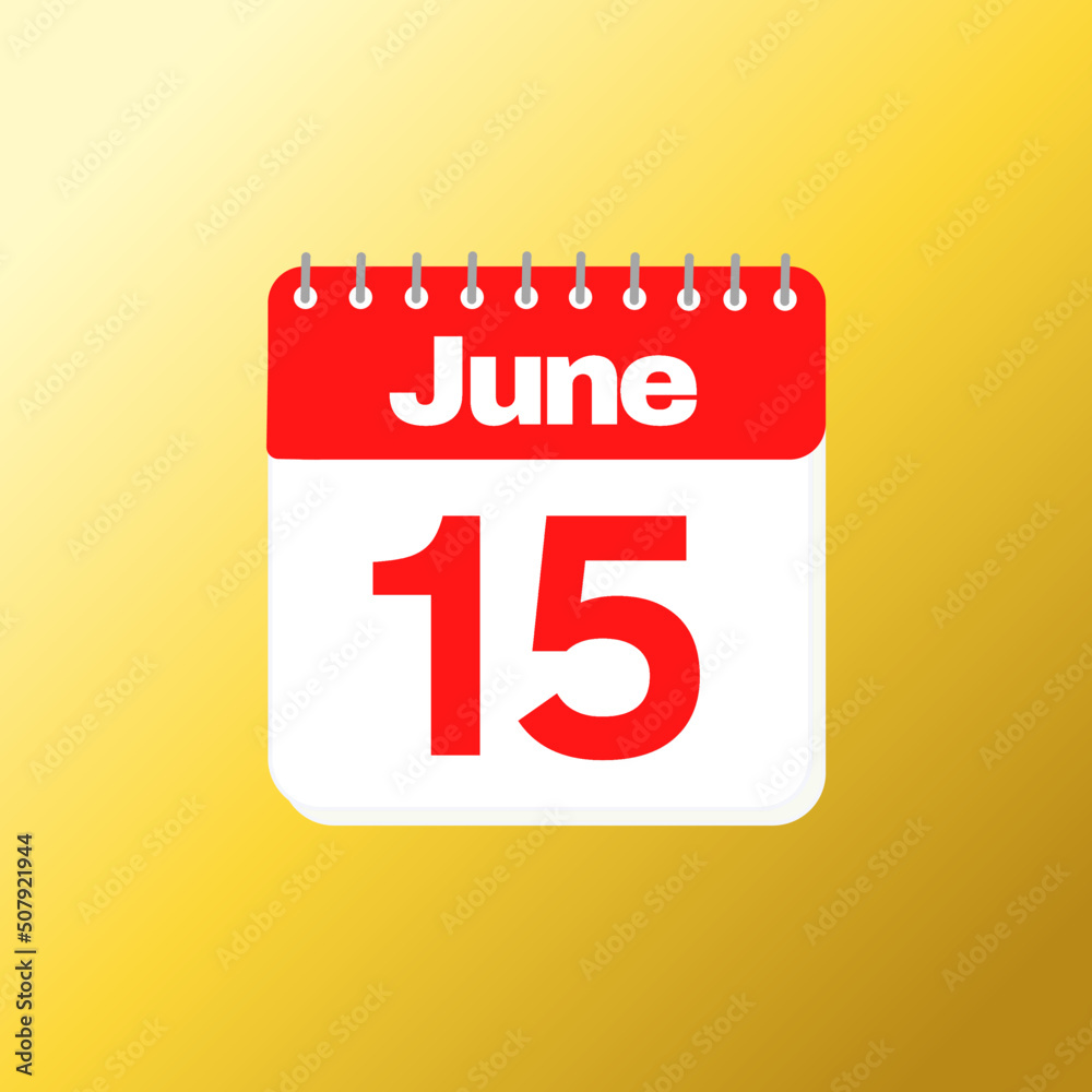 Day 15 of June month with red calendar design and yellow background with 3d shadow Day 15 of June month with red calendar design and yellow background with 3d shadow