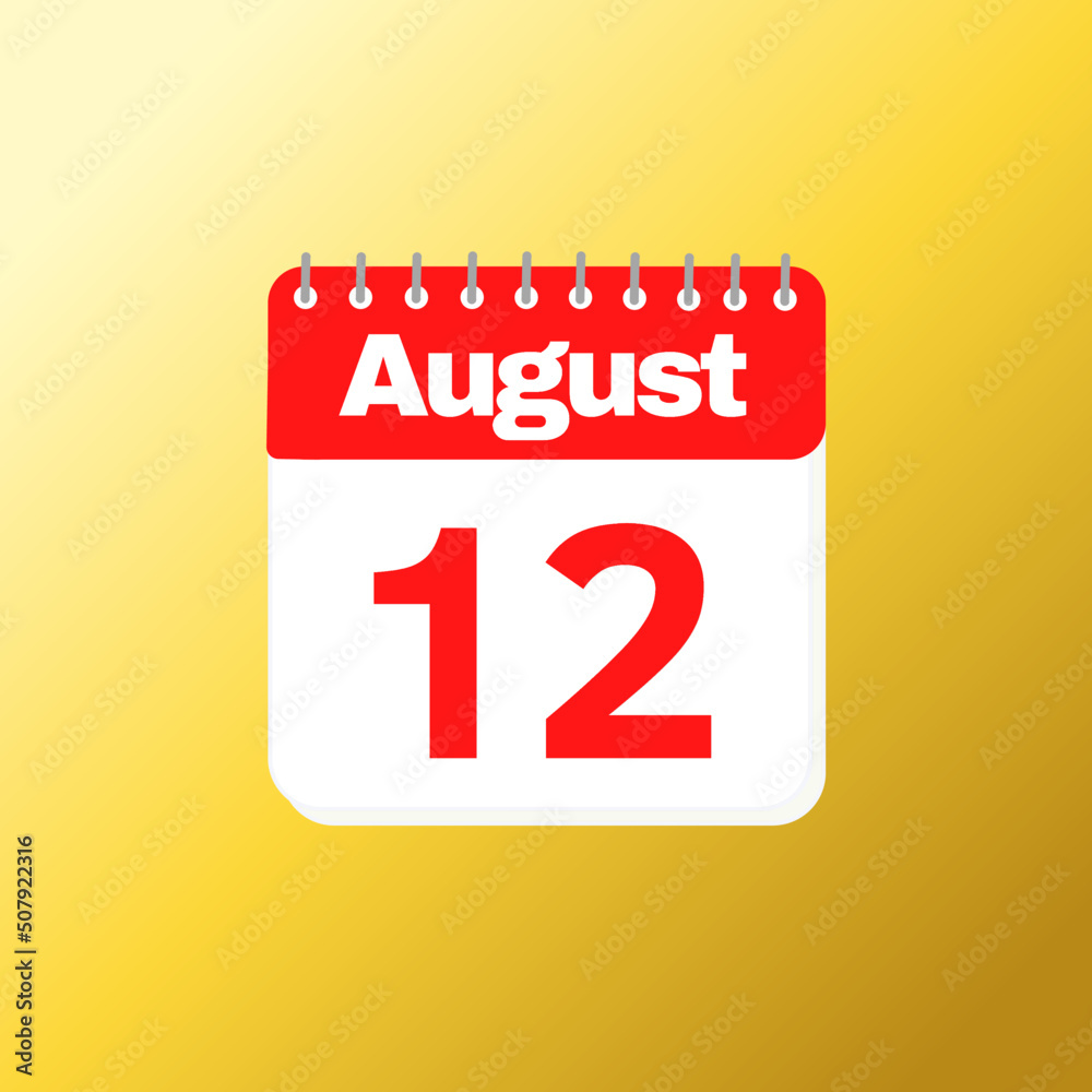 Day 12 of August month with red calendar design and yellow background with 3d shadow