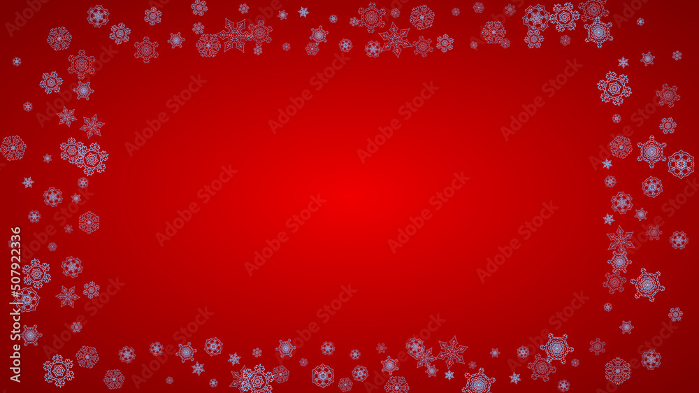 Christmas frame with snowflakes on red background. Santa Claus colors. Horizontal Christmas frame for holiday banners, cards, sales, special offers. Falling snow with bokeh and flakes for celebration Christmas frame with snowflakes on red background. Santa Claus colors. Horizontal Christmas frame for holiday banners, cards, sales, special offers. Falling snow with bokeh and flakes for celebration