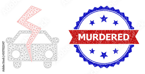 Net mesh car crash polygonal framework icon, and bicolor rubber Murdered stamp. Red badge includes Murdered title inside ribbon and blue rosette. Vector carcass polygonal net car crash icon.
