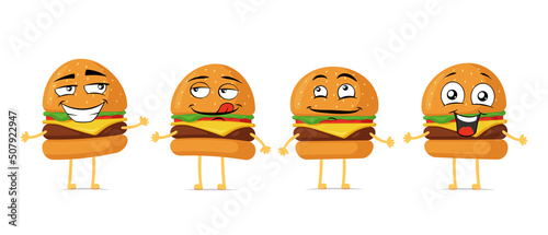 Burger funny smiling cartoon character set. Hamburger cute happy face mascot collection. Vector fast food cheeseburger joyful emoticons eps illustration
