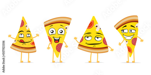 Pizza slice funny smiling cartoon character set. Italian dish piece cute happy face expression mascot collection. Different fast food joyful comic emoticons vector eps illustration