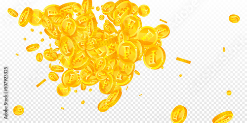 Swiss franc coins falling. Glamorous scattered CHF coins. Switzerland money. Magnificent jackpot, wealth or success concept. Vector illustration.
