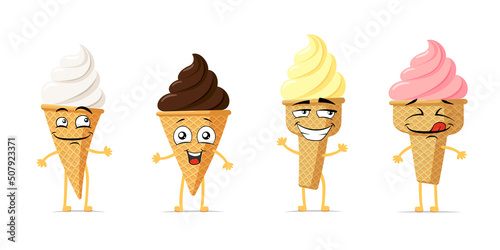 Ice cream in waffle cone funny smiling cartoon character set. Sundae cute happy face expression mascot collection. Multicolor taste twisted popsicle different comic emoticons vector eps illustration