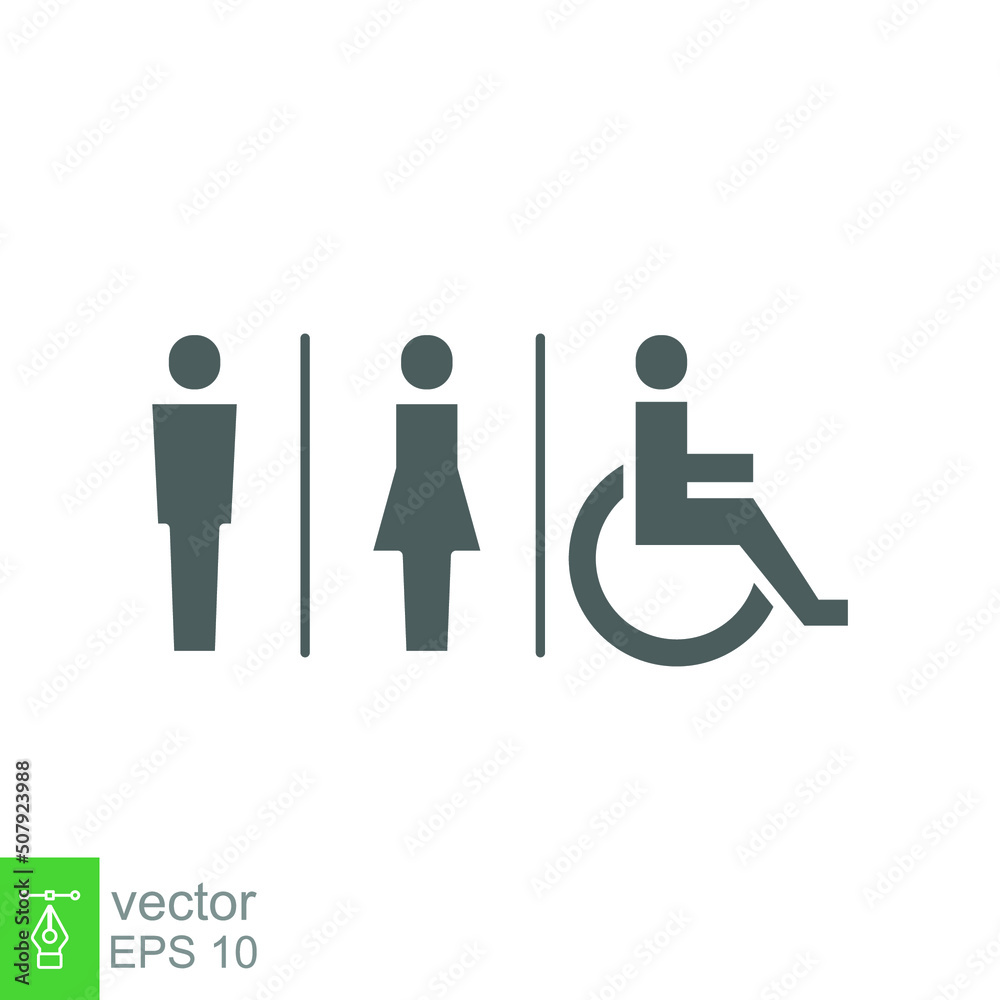 Male, female, handicap toilet sign icon. WC, unisex bathroom concept. Vector illustration isolated on white background. EPS 10. Male, female, handicap toilet sign icon. WC, unisex bathroom concept. Vector illustration isolated on white background. EPS 10.