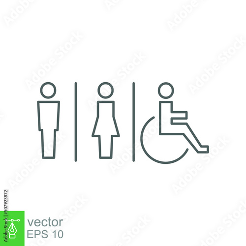 Male, female, handicap toilet sign icon. WC, unisex bathroom concept. Vector illustration isolated on white background. EPS 10.