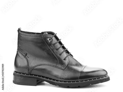 Men's autumn black leather jodhpur boots with laces and average heels, isolated white background. Right side view. Fashion shoes.