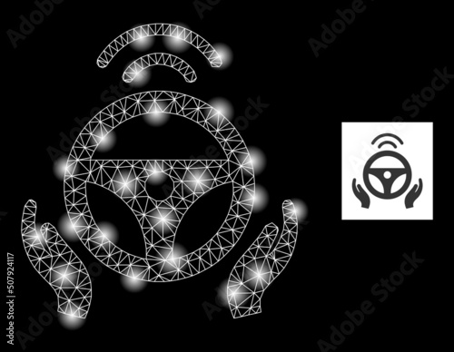 Bright network driverless car glare icon with lightspots. Illuminated vector model based on driverless car icon. Sparkle frame mesh driverless car on a black background.