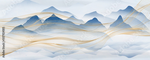Landscape art background with mountains and hills in blue with abstract waves in gold line. Hand drawn watercolor banner for decoration design, print, wallpaper © VectorART